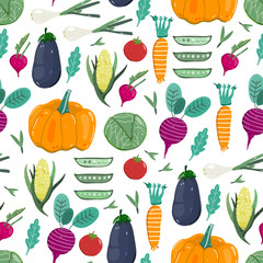 Fresh organic vegetables. Hand drawn vector seamless pattern
