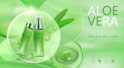 Cosmetic bottle transparent for advertisement with aloe vera, water drops and translucent circles element on soft green background. Vector 3d illustration.