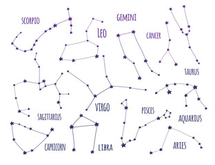 Hand drawn zodiac constellations. Graphic vector set. All elements are isolated