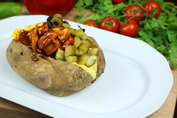 Kumpir - Traditional Turkish meal with baked potato, butter, cheese, cucumber, chicken with barbecue sauce, and hot spices