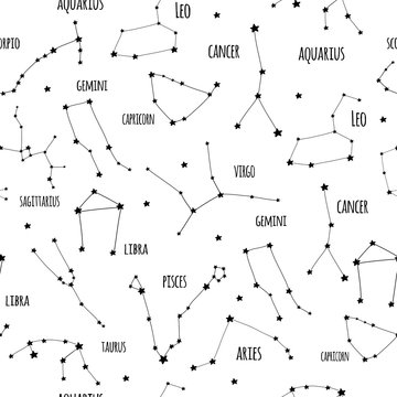 Hand drawn zodiac constellations. Graphic vector seamless pattern