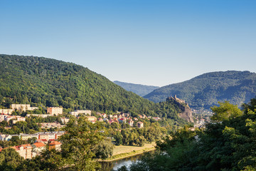 .The valley of the river Labe with a view of the castle in the Czech city of Usti nad Labem. Bohemia. Czech Republic.