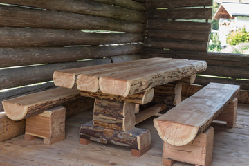 wooden table and benches