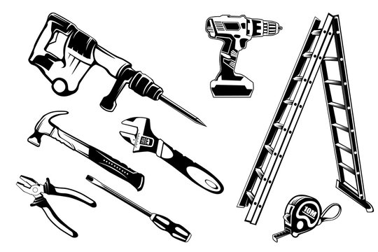 Stock vector illustration set icons building tools repair, construction buildings, drill, hammer, screwdriver, saw, file, putty knife, ruler, helmet, roller, brush, tool box, kit flat style