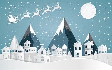 Santa Claus Driving in a Sledge ,winter with homes and snowy paper art . beautiful scenery in the  design  vector