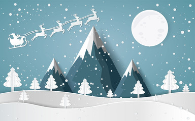 Fototapeta na wymiar Merry christmas,Santa Claus Driving in a Sledge,Snow forest. pines in winter and mountain Paper vector Illustration