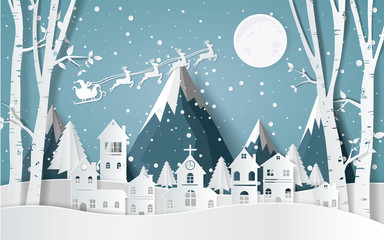 Santa Claus Driving in a Sledge ,winter with homes and snowy paper art . beautiful scenery in the  design  vector