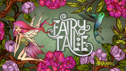 Cute fairy with with wings an flying colibri  in front of floral background