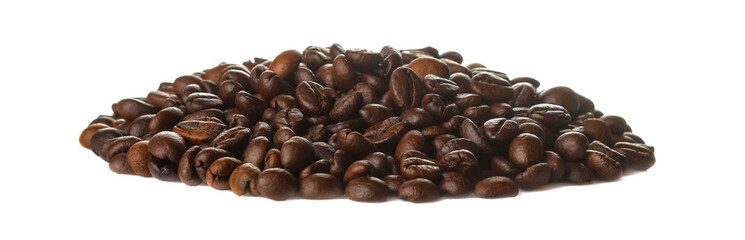 A handful of coffee beans on a white isolated background. close-up. roasted coffee beans.