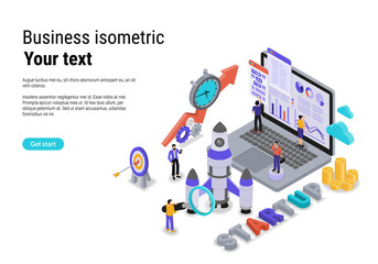 Flat isometric vector design. Startup concept with character for website landing page and mobile template.