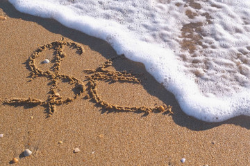 Euro and Dollar signs written in the sea sand. Waves washed away the inscription.