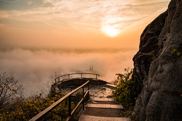 floating fog in Budapest sunrise at Citadella Gellert hill