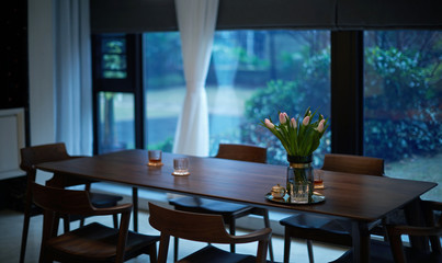 Stylish and simple home interior, Closeup of restaurant in the evening