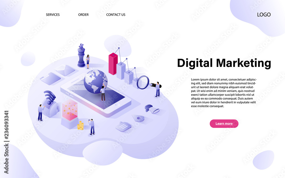 Wall mural flat isometric digital marketing concept with character for website landing page and mobile template