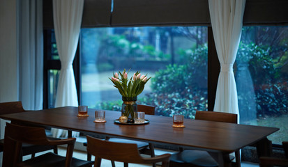 Stylish and simple home interior, Closeup of restaurant in the evening