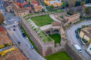 Aerial view of the medieval fortifications of popular travel destination beach town Fano in Italy...