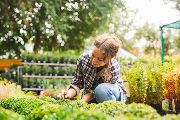 Woman gardener with water can working near flowers in greenhouse
