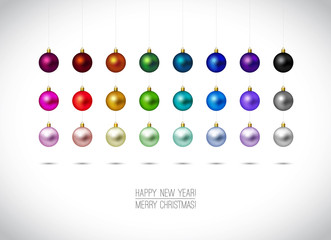 Colorful Christmas ornaments isolated on white background. Hanging Christmas Decoration. Happy New Year and Merry Christmas label. Red,Gold, Blue, Green christmas balls. Vector illustration.