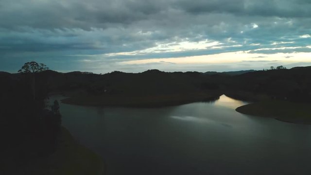 drone aerial footage flying over reservoir of Paraibuna Brasil