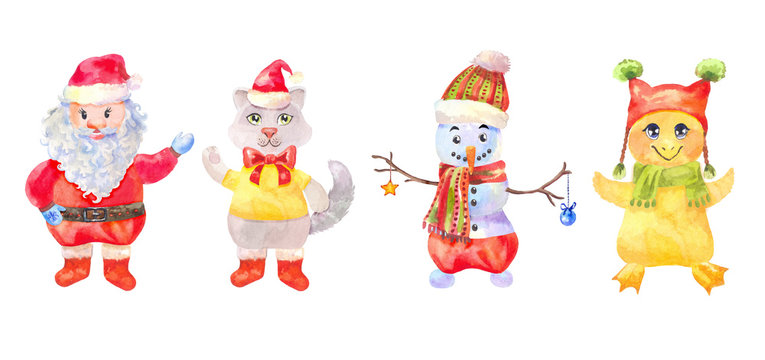 Funny Christmas characters drawn with watercolor isolated on white