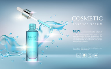 Vector bottle serum cosmetic mockup with  transparent water and shine on bokeh background, with your brand, ready for print ads or magazine design.