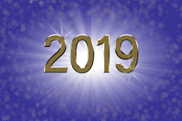 2019 star burst purple and gold background; useful for cards, flyers, posters, and more