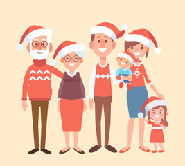 Merry Christmas and New Year. Happy family together. Mom, dad, grandparents and children in Santa hat.