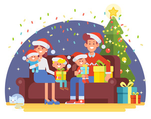 Happy family together. Mom, dad and kids sitting on the couch at home. Cartoon style, Flat Vector illustration isolated on white.