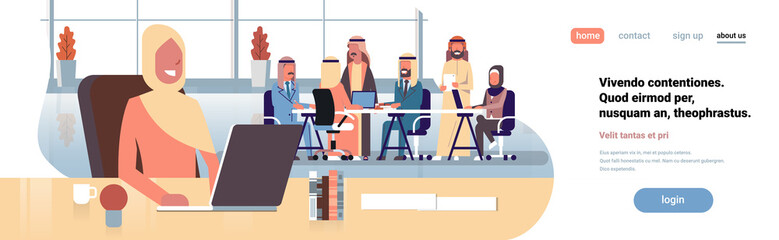 arabic businesswoman using laptop workplace over team brainstorming meeting group arab business people sitting together office discussing flat horizontal banner copy space