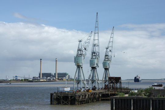 Cranes on the Thames Estuary, Gravesend, Kent, UK
