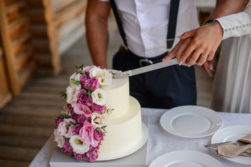 Wedding cake with flowers. Wedding Celebration. Happy