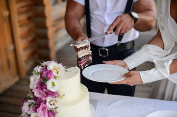 Fototapeta na wymiar Wedding cake with flowers. Wedding Celebration. Happy