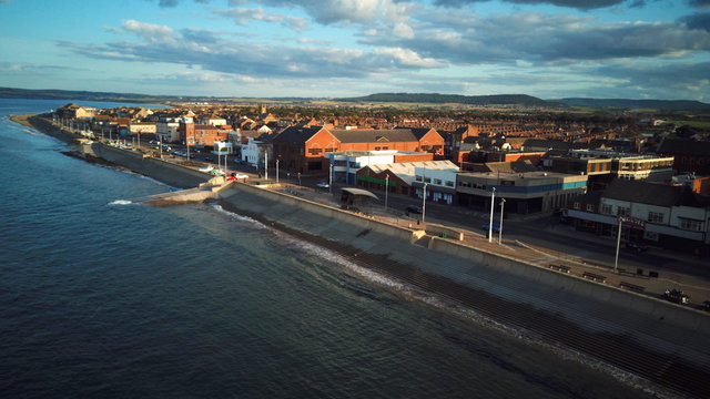 View From Above Of The Coastline Of Redcar Teesside Showing The Sea And The Town With The Slipway And Blue Sky