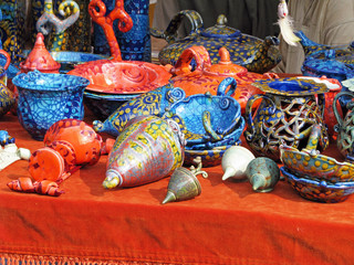 Traditional hungarian souvenirs and goods at street market in Budapest