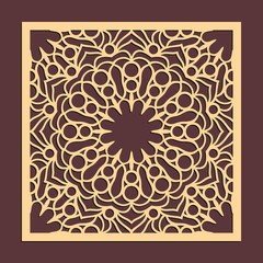 Laser cutting panel. Golden floral pattern. Gift or favor box silhouette ornament. Vector coaster design for metal, wood, paper work.