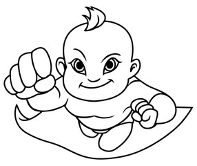 Full length line art illustration of super baby smiling while flying.