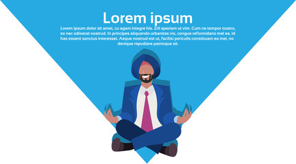 indian businessman sitting lotus yoga pose meditating national traditional clothes male cartoon character full length horizontal copy space flat