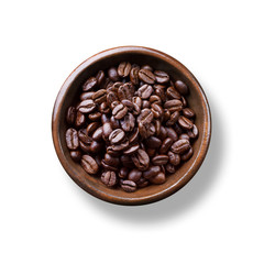 coffee beans in wooden bowl  isolated on white