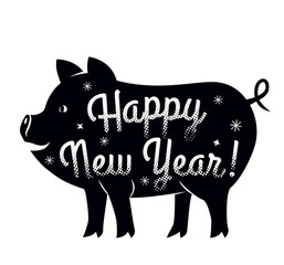 Silhouette of a pig with the lettering Happy New Year . The symbol of the Chinese fiscal year 2019 is the seed. flat vector illustration isolated on white background
