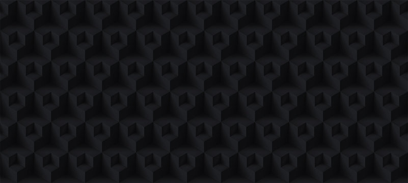 Volume realistic vector cubes texture, black geometric seamless tiles pattern, design dark background for you projects 