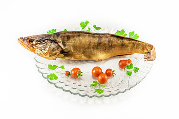 Smoked fish and cherry tomatos on the white background