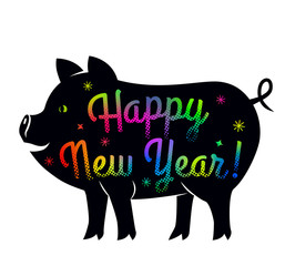Silhouette of a pig with the lettering Happy New Year . The symbol of the Chinese fiscal year 2019 is the seed. flat vector illustration isolated on white background