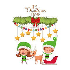 elf couple with sleigh and merry christmas time