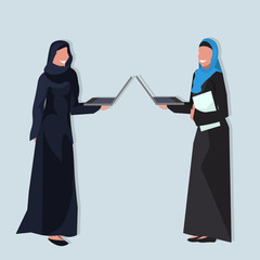 Arabic woman holding paper document laptop wearing traditional clothes black saree working communication online education concept arab businesswoman female cartoon character avatar flat