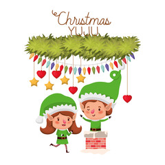 Obraz na płótnie Canvas elf couple with fireplace and merry christmas avatar character