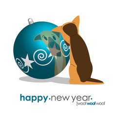 New Year Poster with Christmas Tree Toy and the Dog Looking into It. Vector Illustration.