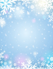 Blue  christmas background with white blurred snowflakes, vector illustration