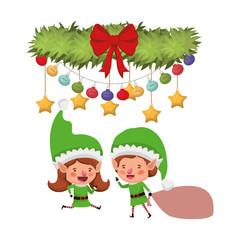 Obraz na płótnie Canvas elf couple with gift bag and garland with christmas balls