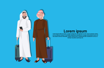 Arabic businessmen using smartphone holding valise wearing traditional clothes travel concept male cartoon character avatar blue background full length flat horizontal copy space