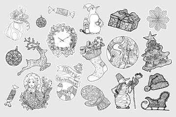 Winter stickers vector set. Christmas, New Year collection. Winter holidays hand drawn decorative cliparts. Sketch outline drawings. Coloring book Xmas linear illustrations, patches